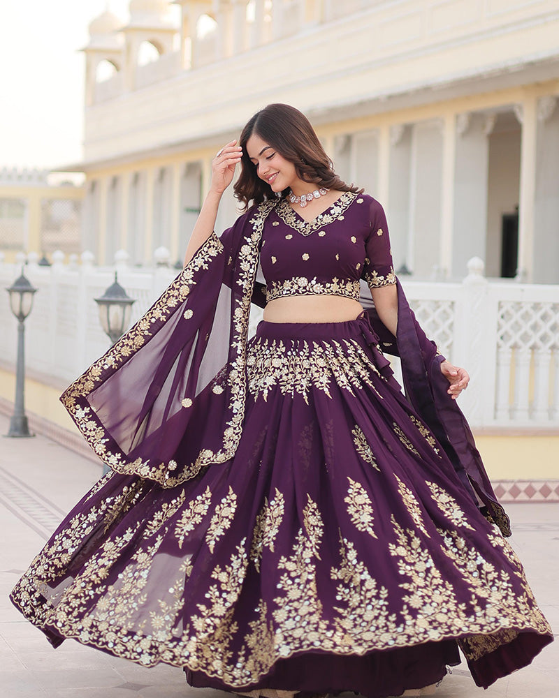 Deep Violet Color Georgette Sequence Embroidery Lehenga Choli