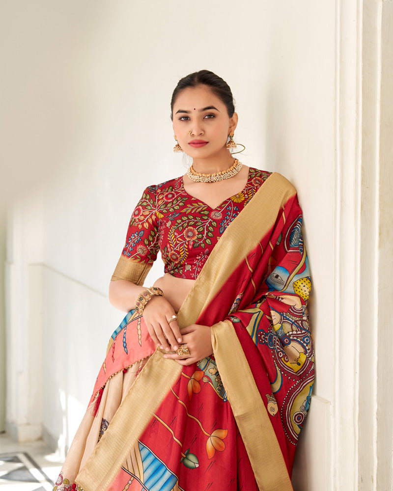 Cream Color Dola Silk Designer Kalamkari Print Lehenga Choli