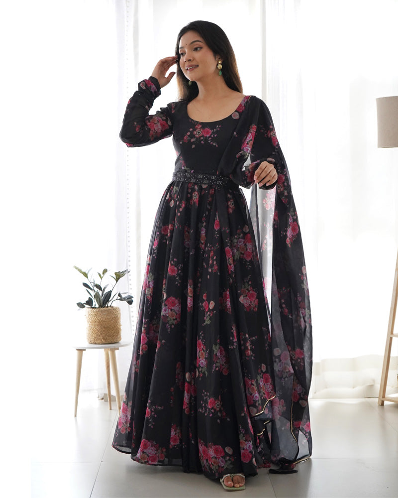 Black Color Floral Print Soft Organza Silk Kali Cut Anarkali Suit
