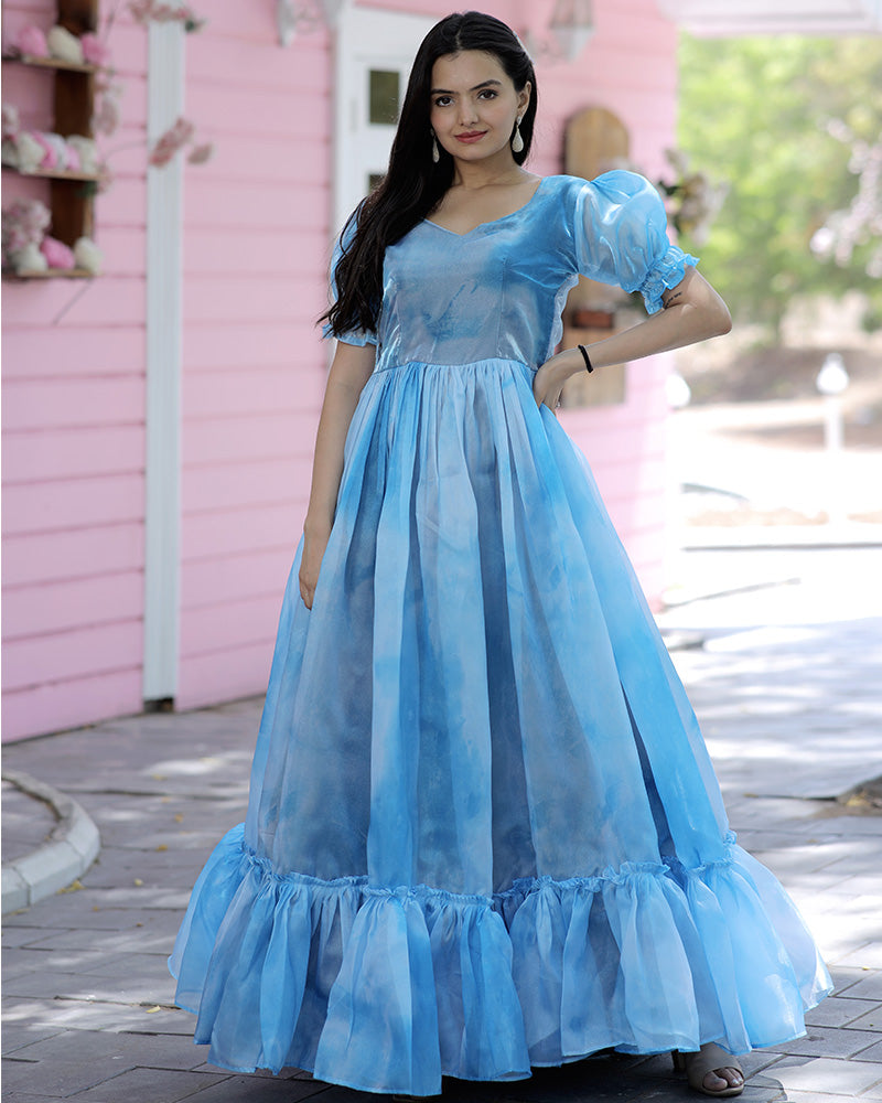 Sky Blue Color Organza Silk Anarkali Gown