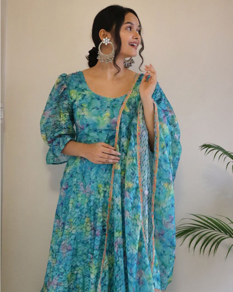 Sky Blue Color Printed French Net Anarkali Suit