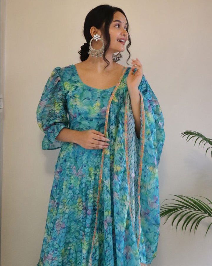 Sky Blue Color Printed French Net Anarkali Suit