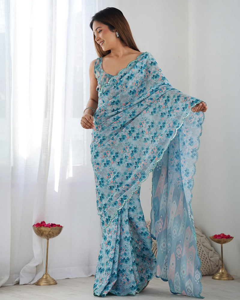 Sky Color Chinnon Silk Saree