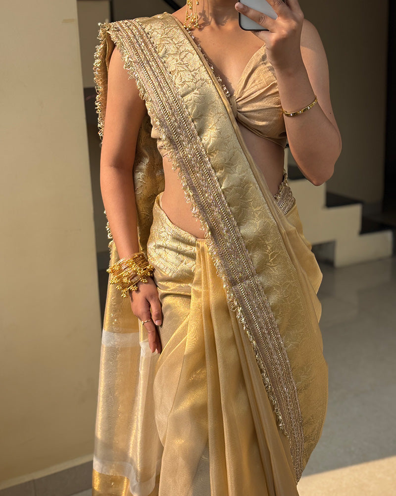Cream Color Banarasi Organza Tissue Silk Saree