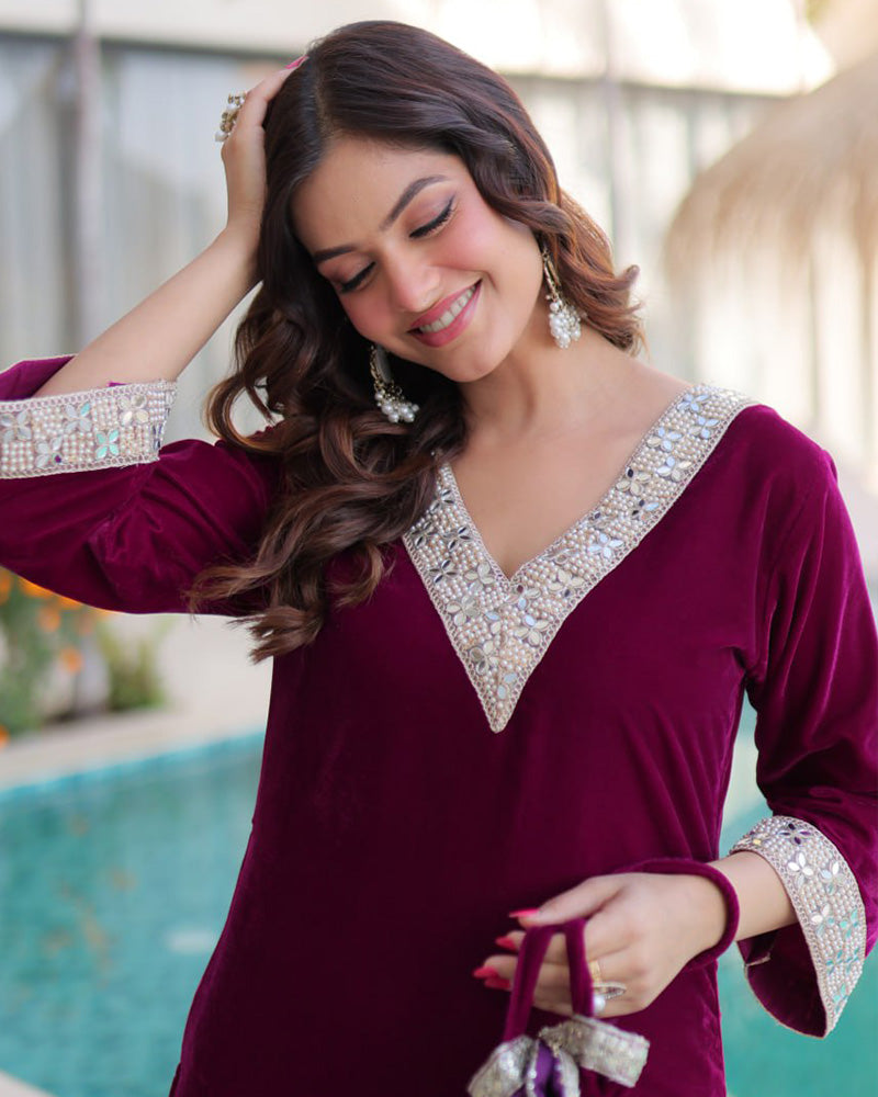 Wine Color Ice Velvet Embroidered Plazzo Suit