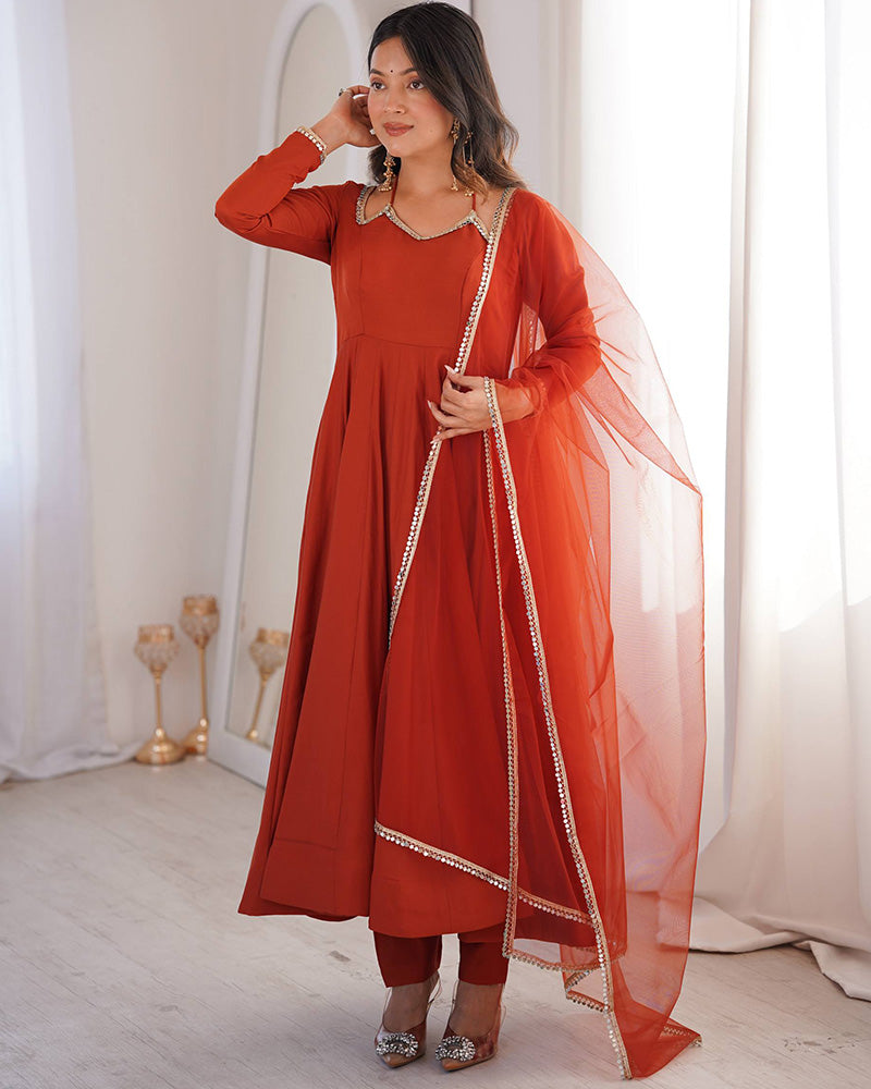 Rust Orange Color Chanderi Roman Silk Three Piece Anarkali Suit