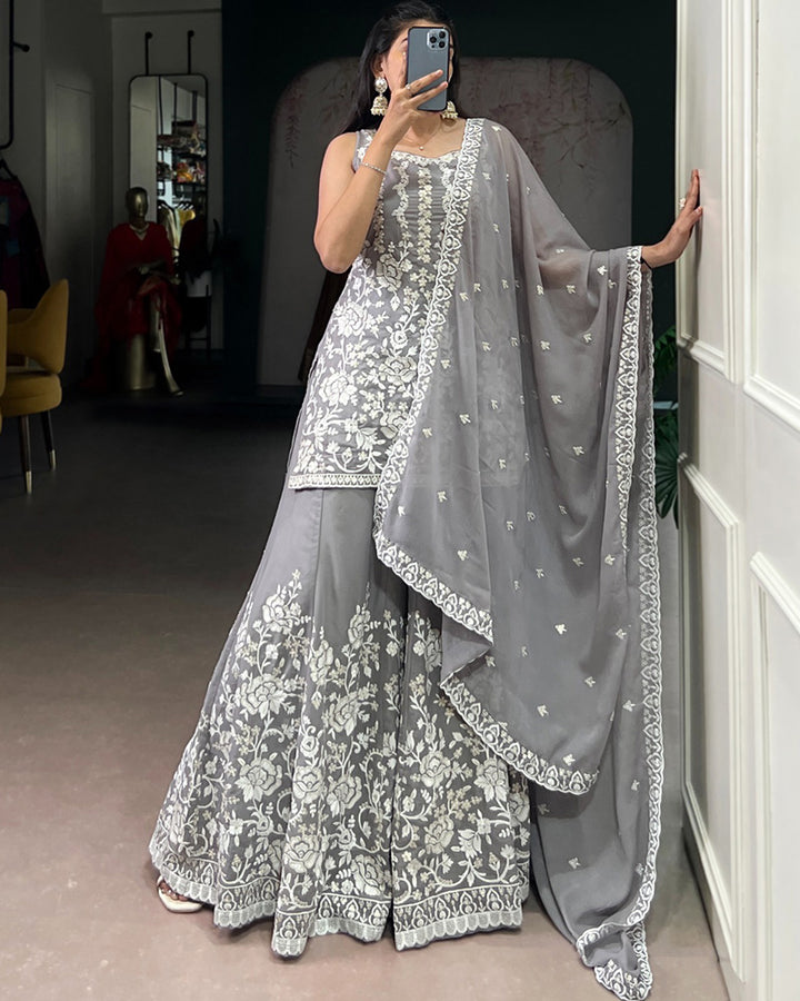 Grey Color Star Georgette Embroidered Sharara Suit