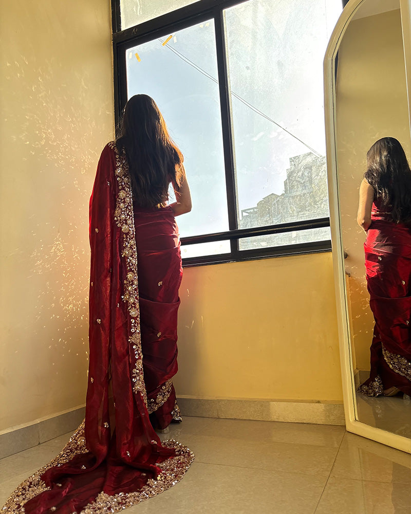 Maroon Color Space Silk Beads Embroidered Saree
