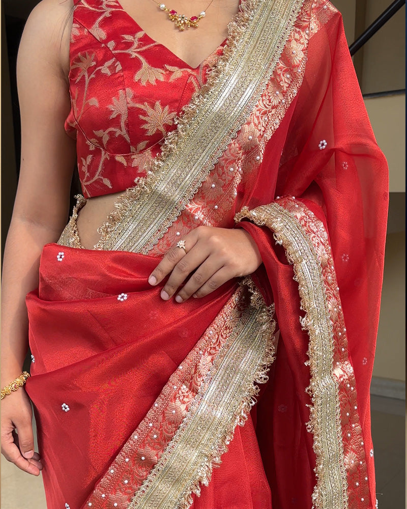 Red Color Soft Banarasi Silk Pearl Work Saree