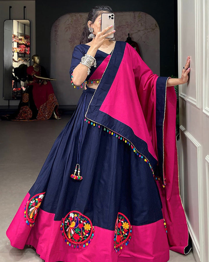 Navy Blue Color Pure Cotton Gamthi Work Navratri Lehenga Choli