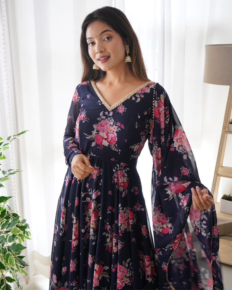 Floral Navy Blue Color Pure Soft Georgette Anarkali Suit