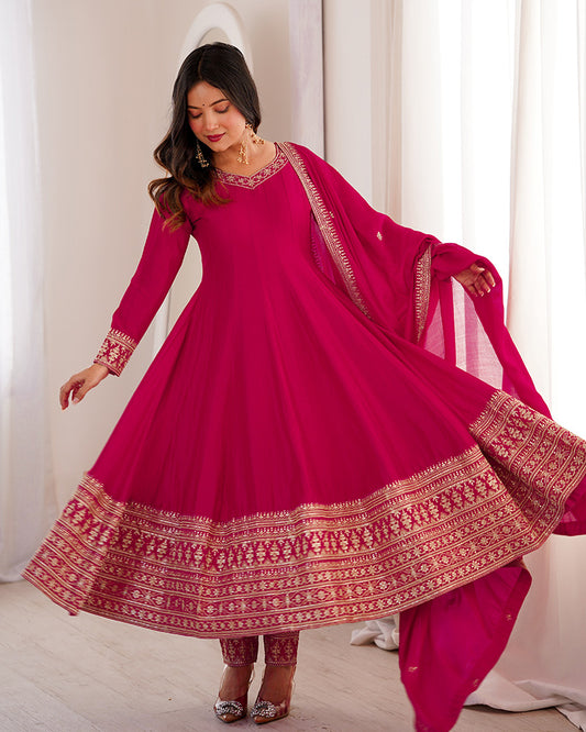 Rani Pink Color Blooming Vichitra Silk Anarkali Suit