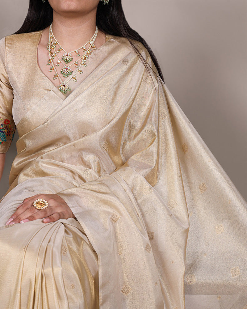 Cream Color Zari Weaving Tissue Paithani Saree