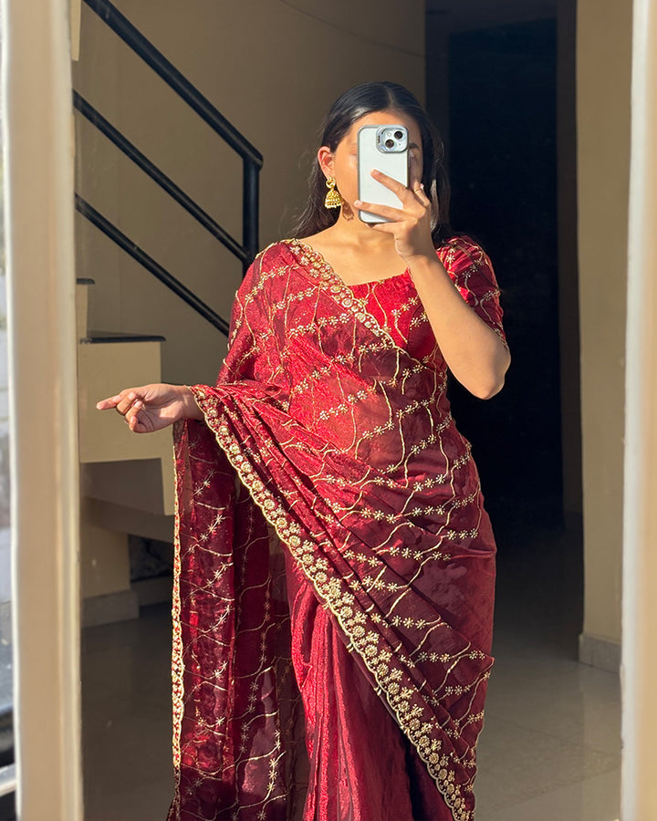 Maroon Color Space Silk Embroidered Saree