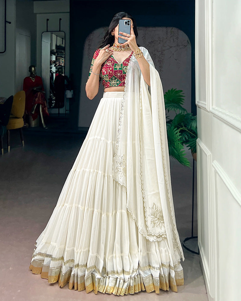 White Color Marbel Embossed Lehenga Choli
