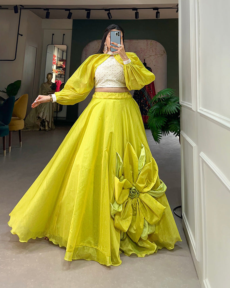 Rajwadi Chanderi Silk Two Color Fully Stitched Crop Top Lehenga Choli