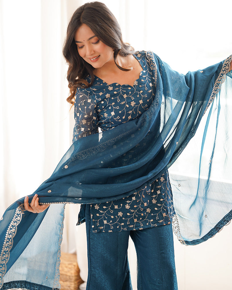 Teal  Blue Color Crunchy Silk Embroidered Plazzo Suit