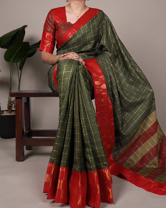 Green Color Poly Cotton Zari Weaving Saree