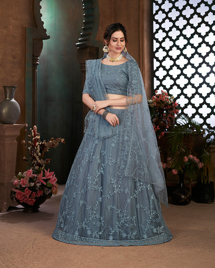 Grey Color Thread Embroidered Net Semi Stitched Lehenga Choli