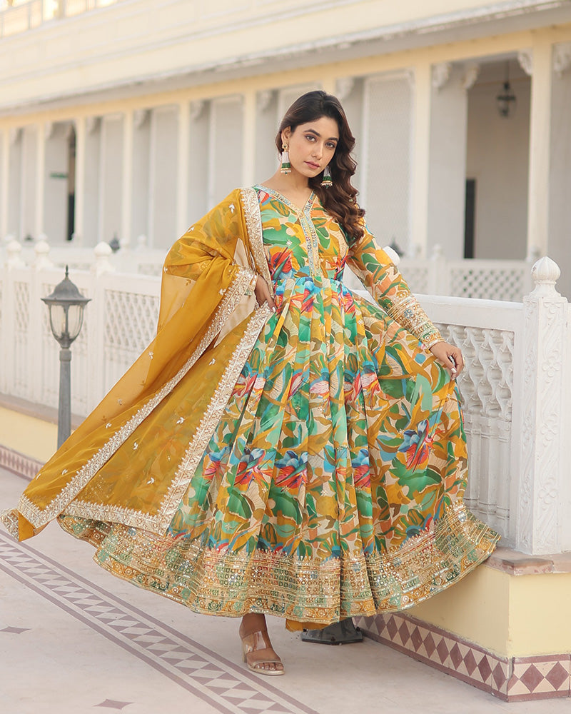 Wedding Wear Floral Embroidered Yellow Color Alia Cut Gown With Dupatta