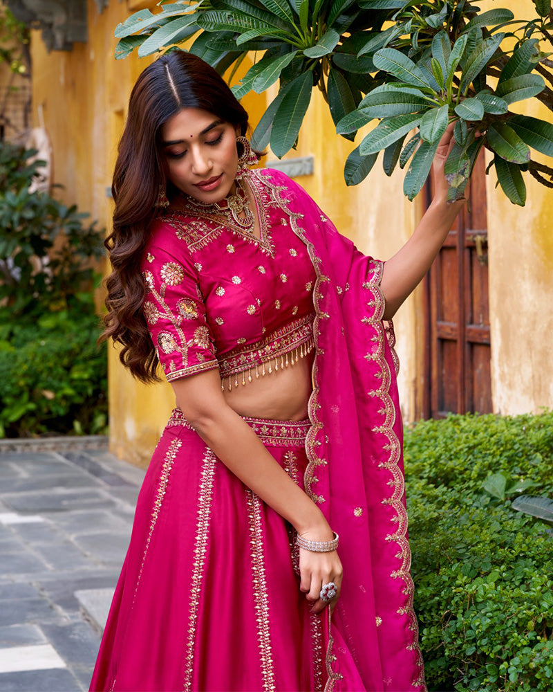 Rani Pink Color Natural Silk Embroidered Lehenga Choli