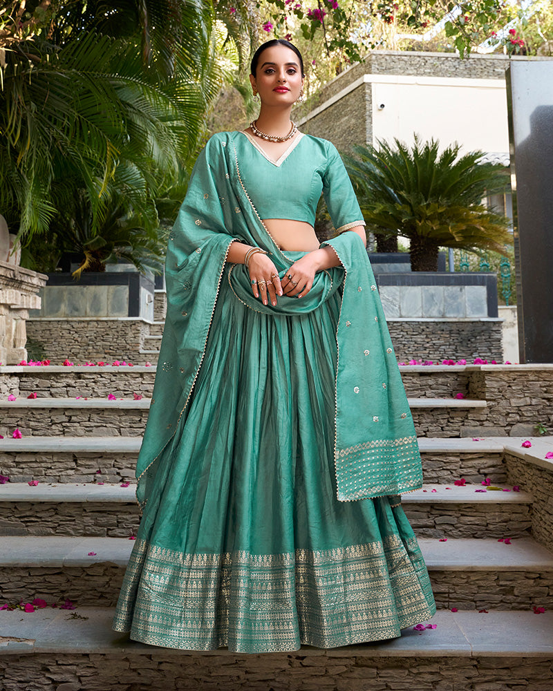 Sea Green Color Pure Chanderi Plain Navratri Half Saree