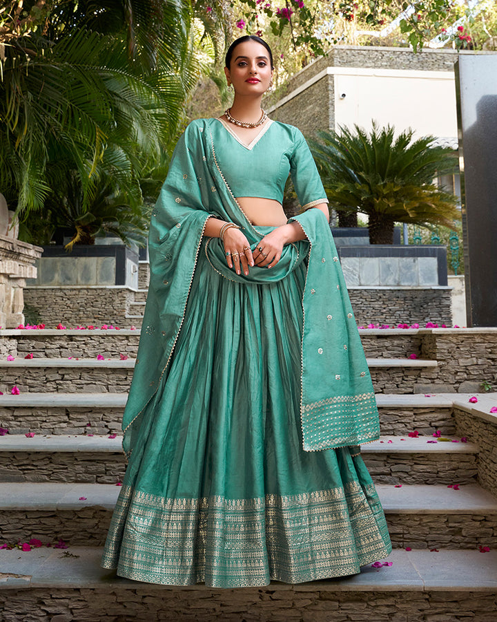 Sea Green Color Pure Chanderi Plain Navratri Half Saree