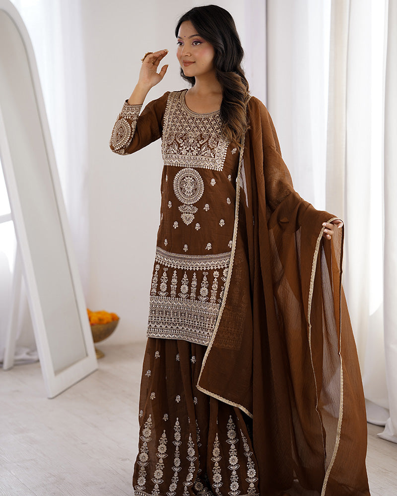 Brown Color Pure Soft Crunchy Silk Sharara Suit
