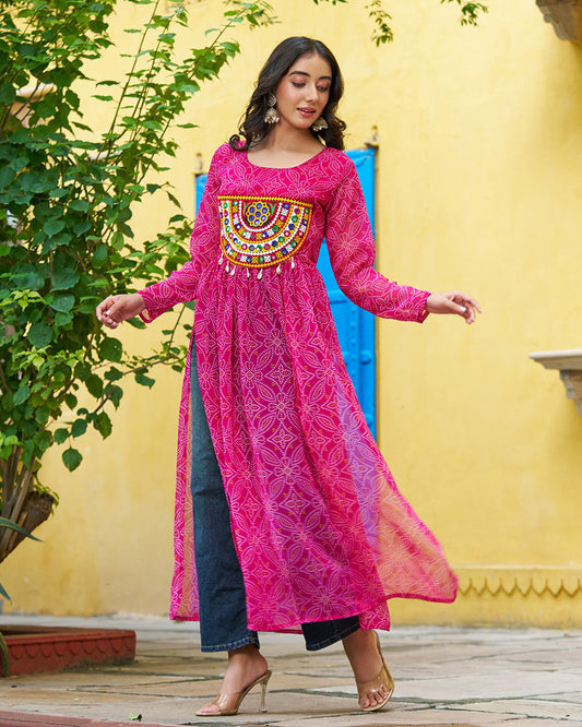 Festive Pink Georgette Printed Kurti With Gamthi Patchwork