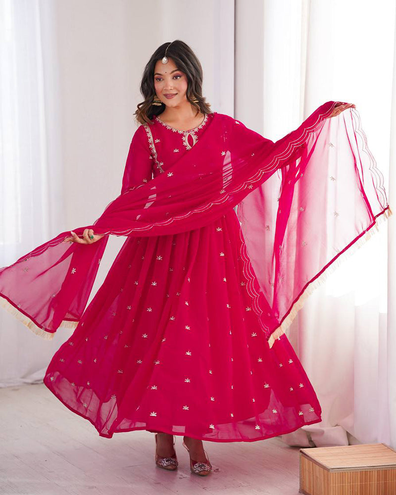 Rani Pink Color Soft Georgette Embroidered Anarkali Suit