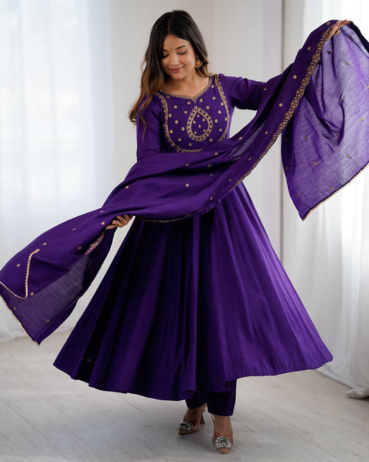 Purple Color Chanderi Silk Three Piece Anarkali Suit