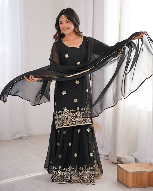 Black Color Soft Georgette Embroidered Sharara Suit