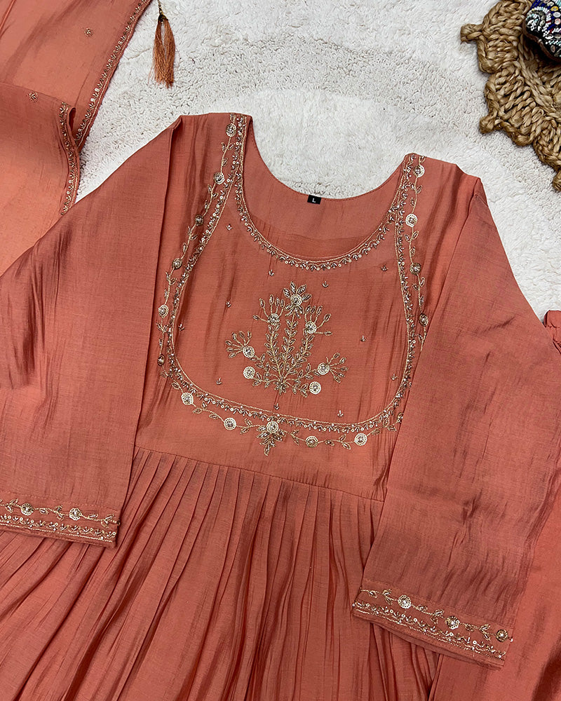 Peach Color Mal Cotton Three Piece Kurti Suit