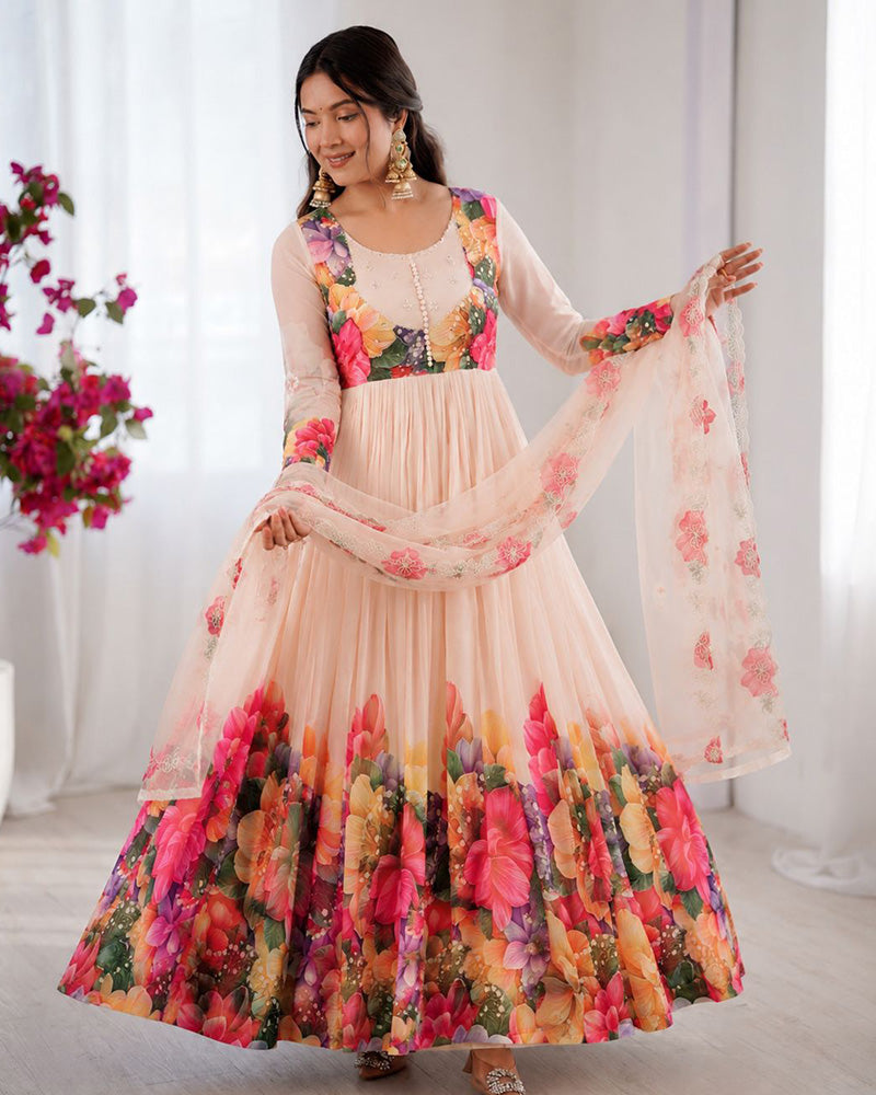Cream Color Faux Georgette Printred Anarkali Suit