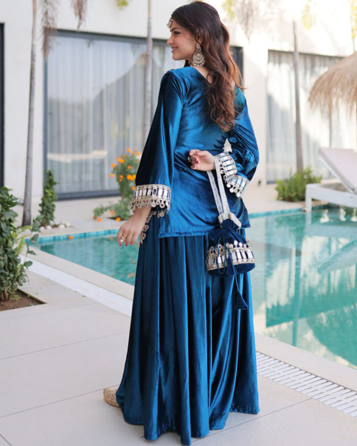Peacock Blue Color Ice Velvet Embroidered Plazzo Suit