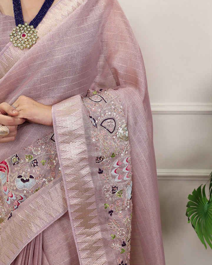 Light Pink Color Embroidered Kota Tissue Saree