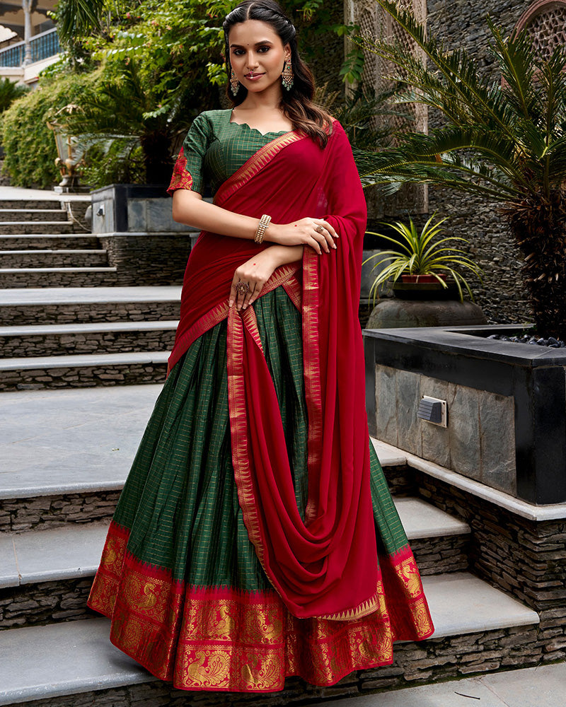 Cultural Green and Red Color Poly Cotton Lehenga Chex Half Saree