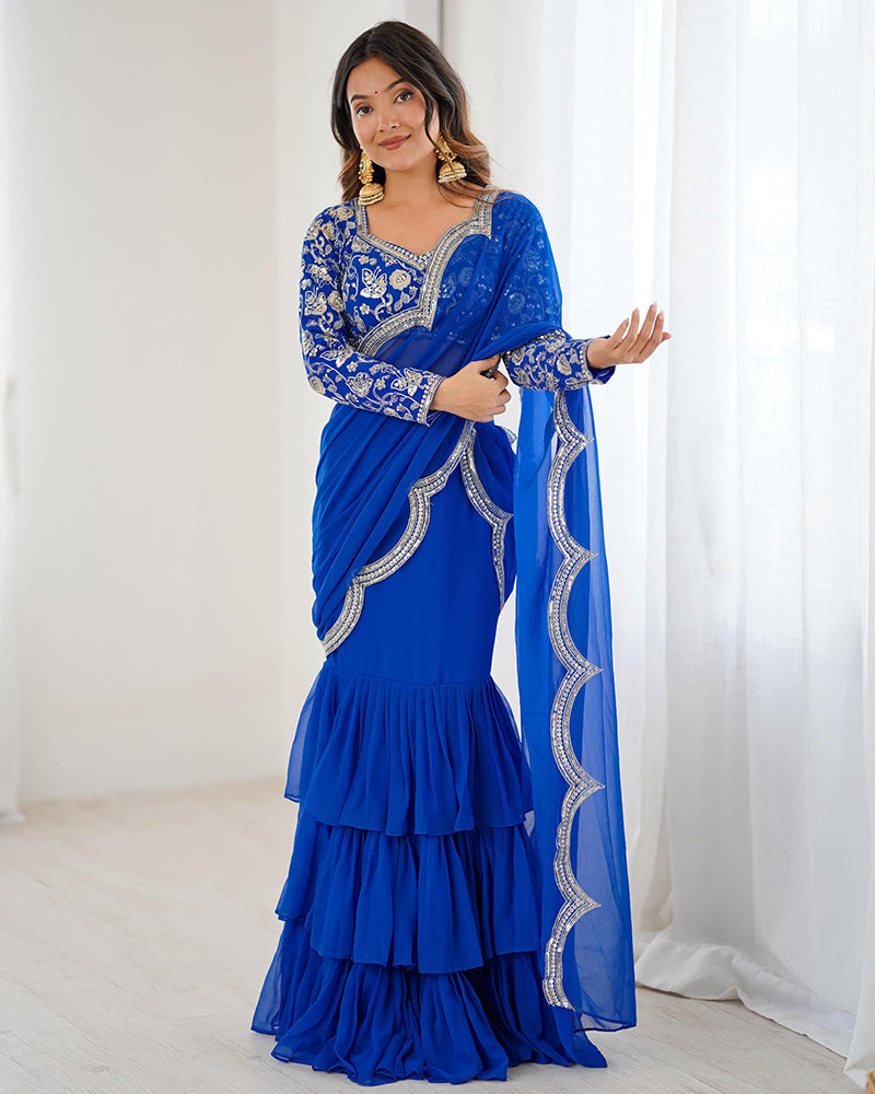Blue Color Faux Georgette Ruffle Lehenga Saree
