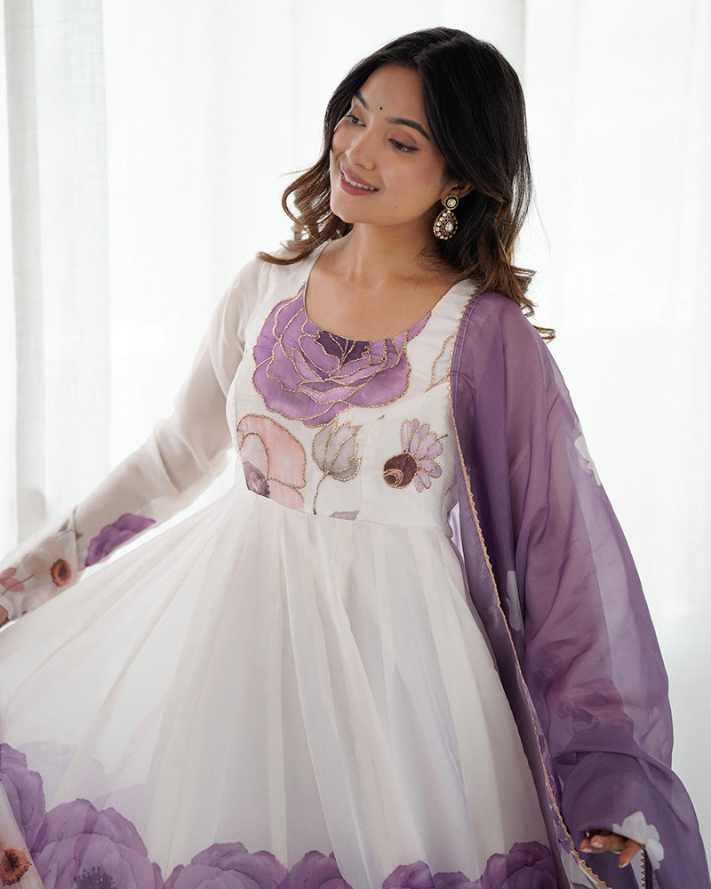 Violet Color Floral Pure Soft Tebby Organza Three Piece Anarkali Suit