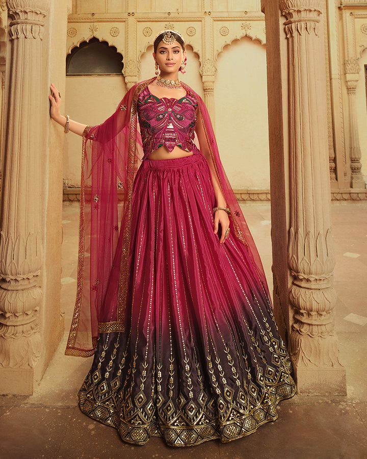 Designer Pink To Purple Color Silk Embroidered Lehenga Choli