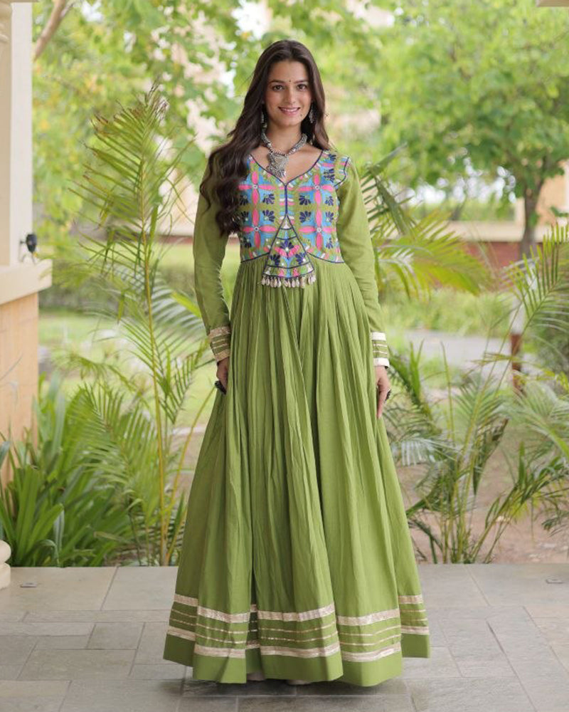 Two Color Elegant Kora Cotton with Multi Thread Embroidered Navratri Gown