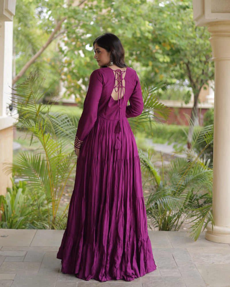Three Color Rayon With  Kutchi Gamthi Embroidered Navratri Gown