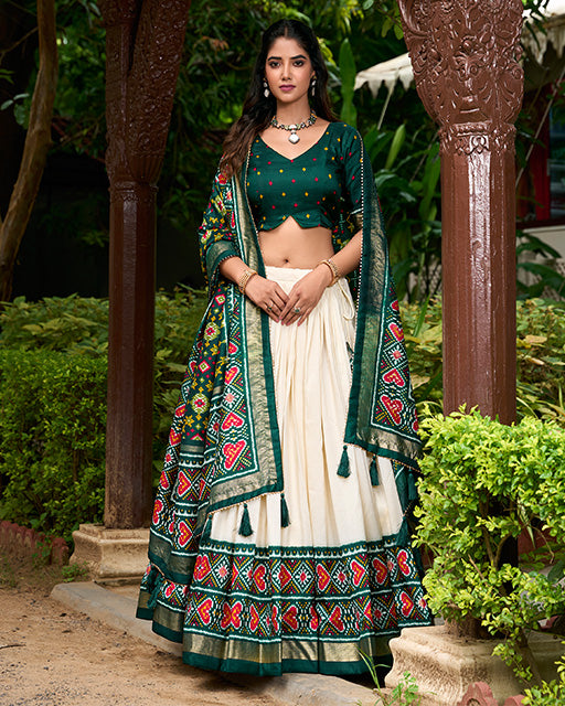 Green Color Tussar Silk Patola Printed Lehenga Choli