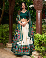 Green Color Tussar Silk Patola Printed Lehenga Choli