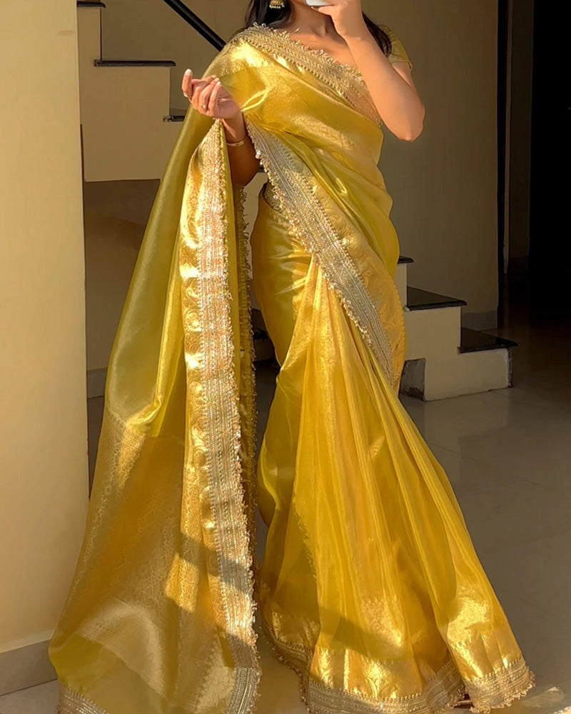 Yellow Coloor Banarasi Organza Tissue Silk Saree