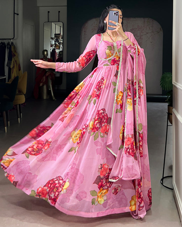 Light Pink Color All Over Floral Printed Chiffon Gown