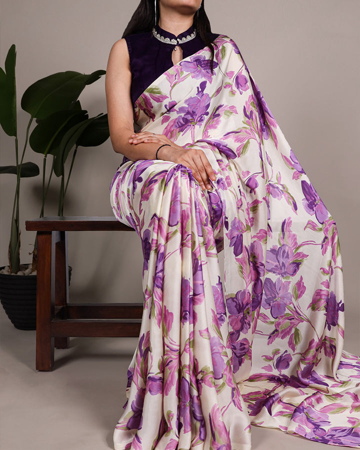 Purple Color Satin Silk Floral Printed Saree