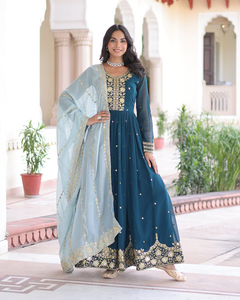 Peacock Blue Color Faux Blooming Embroidered Gown