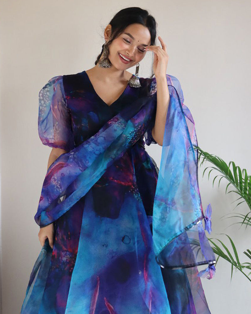 Blue Color Printed Soft Organza Anarkali Suit