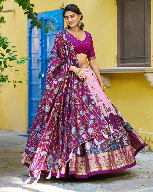 Light Pink Color Tussar Silk Kalamkari Printed Lehenga Choli
